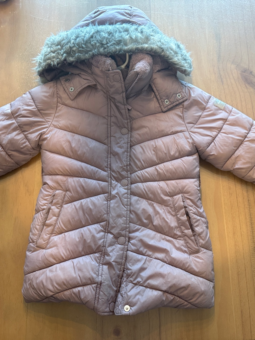 Abercrombie & Fitch Girls Dusty Mauve Hooded Puffer Coat with Faux Fur Trim